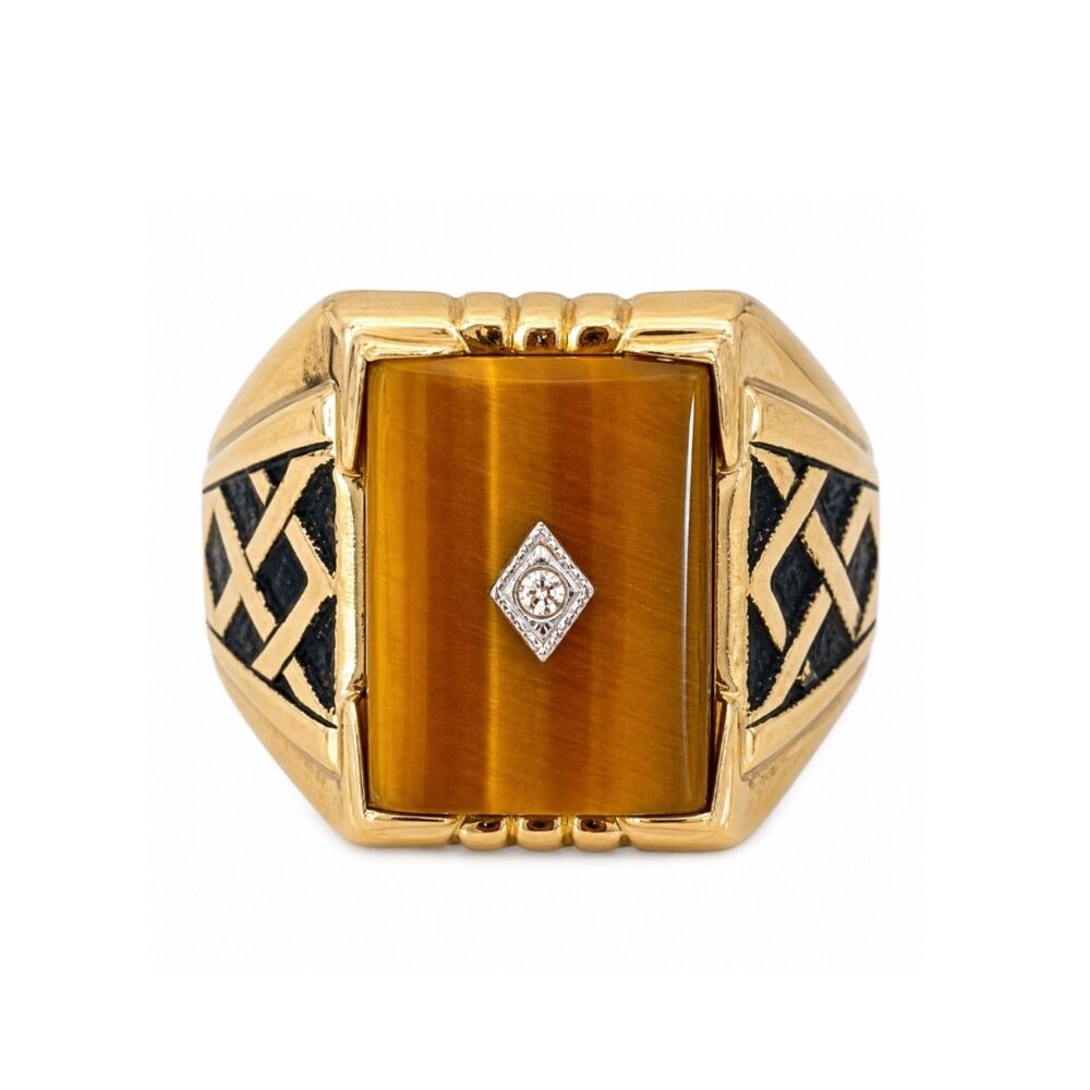 Vintage 1970s Ring Size 7 Tiger's Eye 18K Gold Plate Enamel Art Deco Design 14N